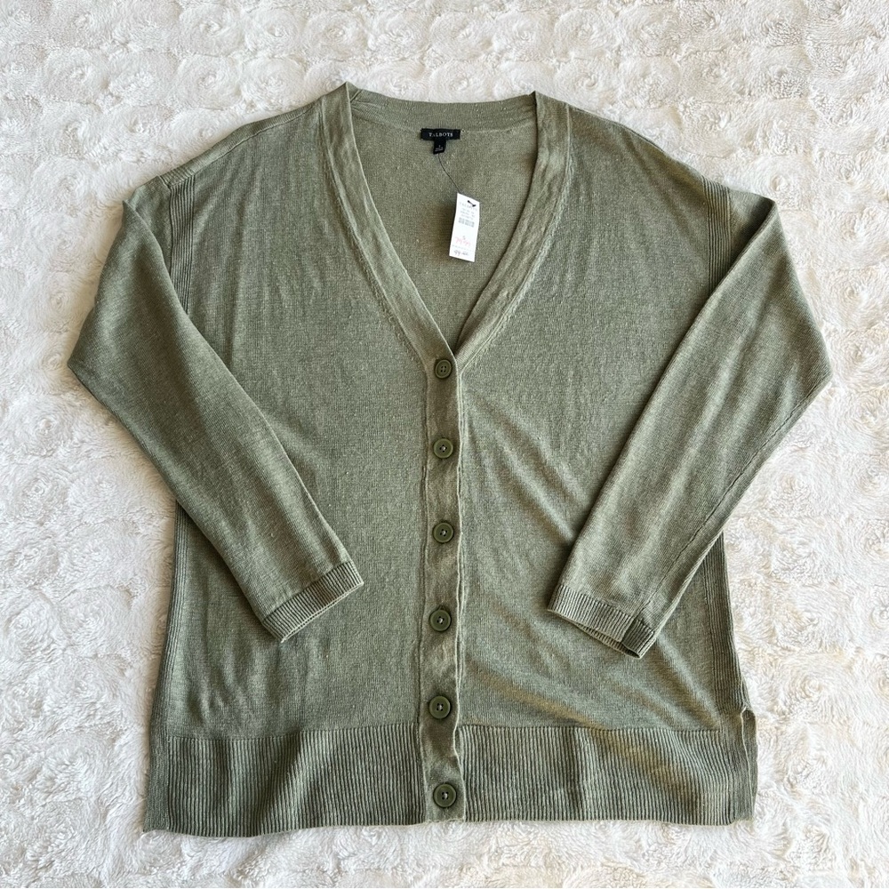 Talbots Cardigan Sweater Womens Small Sage Green 100% Linen Button Knit New NWT